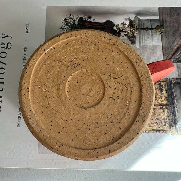 Studio Art Pottery Hand Thrown Mug 3" Speckled White Black Unique Orange Handle - Picture 9 of 12